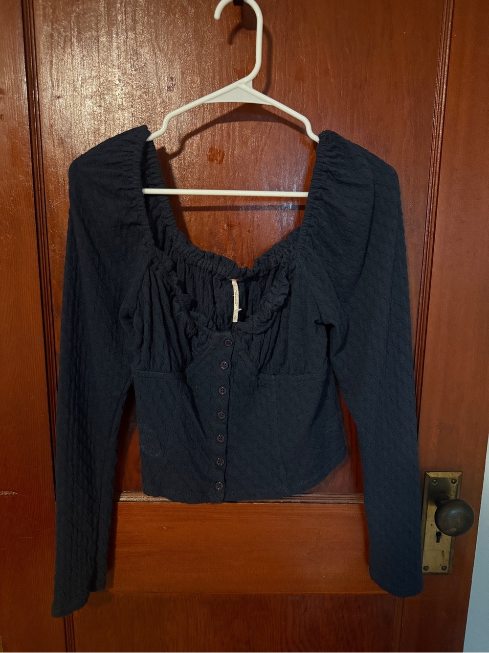 Free People Navy Ruched Square-Neck Button Crop Top
